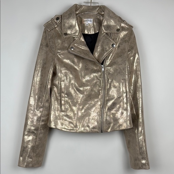 Sunset+Spring Gold Metallic Faux Leather Biker Jacket Size XS - Picture 1 of 10